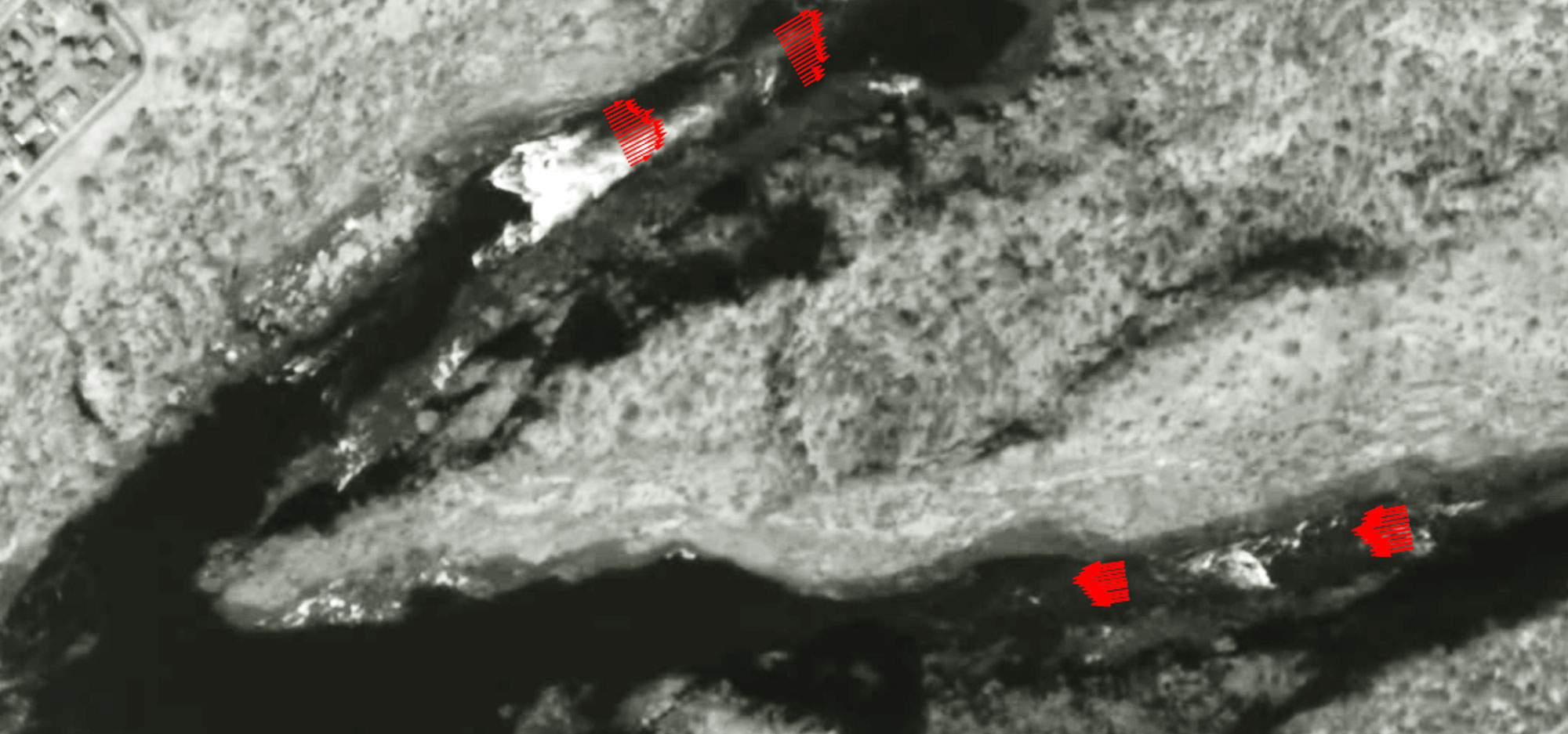 Satellite image showing water speeds plotted for four locations on the Zambezi River below Victoria Falls
