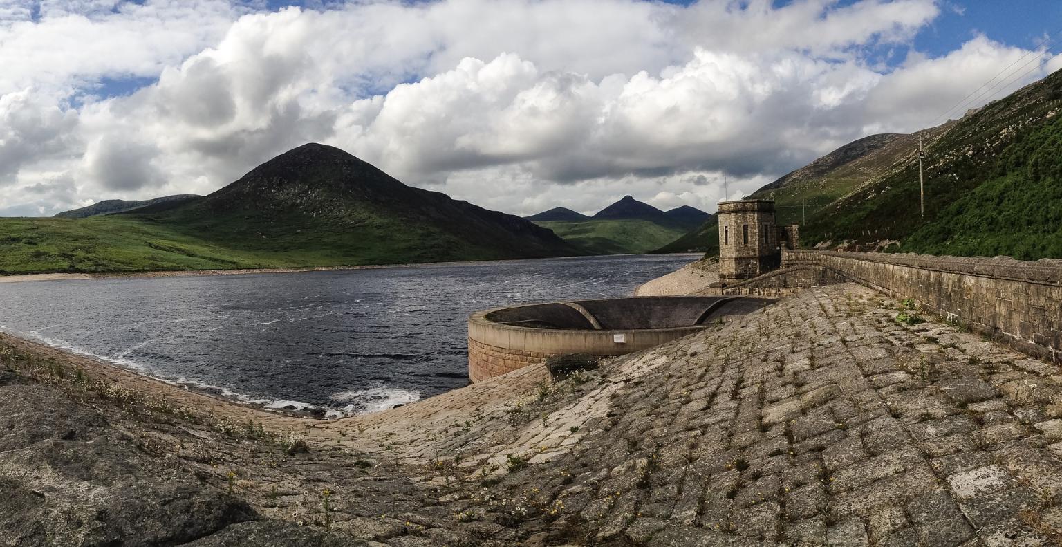 Exposed plughole at Silent Valley Reservoir, Northern Ireland