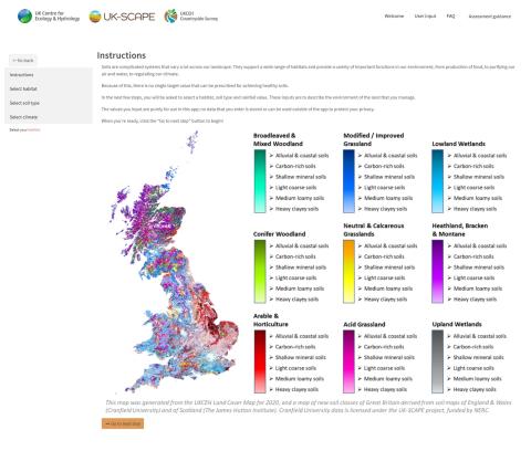 Screengrab of soil benchmarking tool showing map of Britain and different habitats