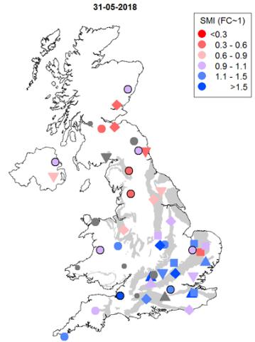 UK map indicating soil moisture status at COSMOS stations on 31 May 2018