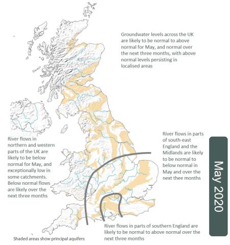 Map showing UK hydrological outlook in May 2020