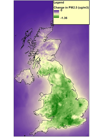 Map of estimated reduction in levels of PM2.5 due to UK vegetation in 2015