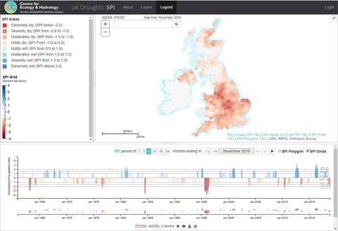 Screengrab from UK Drought Portal showing the SPI-6 drought indicator (rainfall over the last six months against the long-term average)