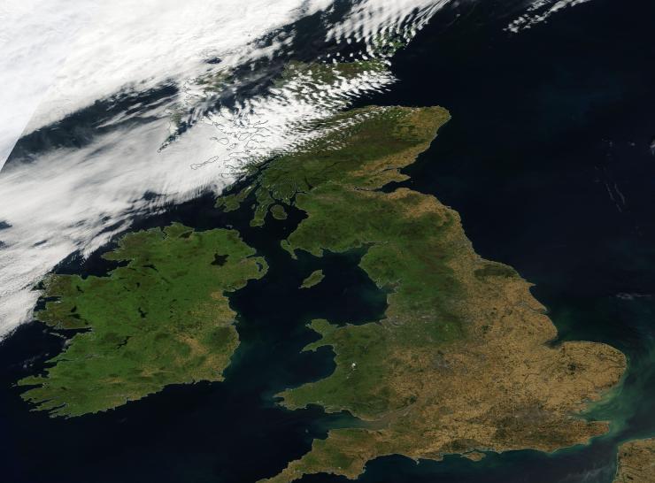 Satellite image of UK on 10 August 2022 showing scale of dry conditions that turned part of the landscape brown