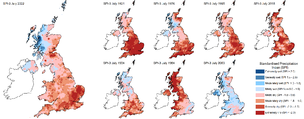 UK maps showing Maps showing the three-month SPI (SPI-3), showing rainfall deficits for the May-July period in 2022 and a number of drought events from the last 100 years