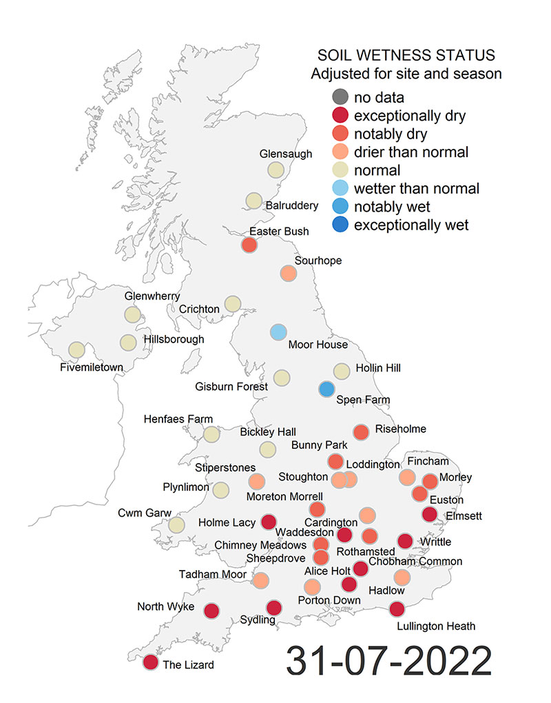 UK map showing soil wetness status at sites on 31 July 2022