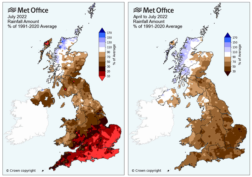 Map of UK showing on left July 2022 rainfall amount and on right April to July 2022 rainfall amounts as percentage of 1991-2020 average