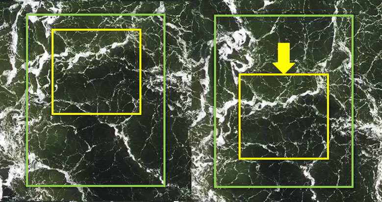 A distinctive foam pattern can be seen to be displaced between the two images