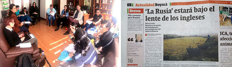 Left: Discussing PARAGUAS with government officials of Boyacá: Giovany Viasus, Director de Medio Ambiente, and team. Right: PARAGUAS in the local Boyacá newspaper.