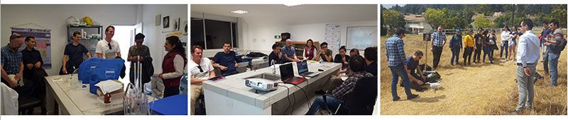 Above left: Visiting the lab of Adriana Espinosa (UPTC); middle: discussions held with Francisco Cortes Perez (UPTC); right: testing our drone at high altitude (2810m) in the UPTC grounds.