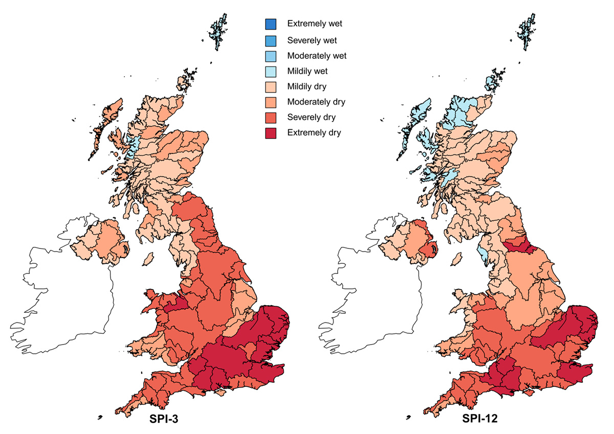 Two maps of UK showing rainfall deficits over June to August 2022 and September 2021 to August 2021