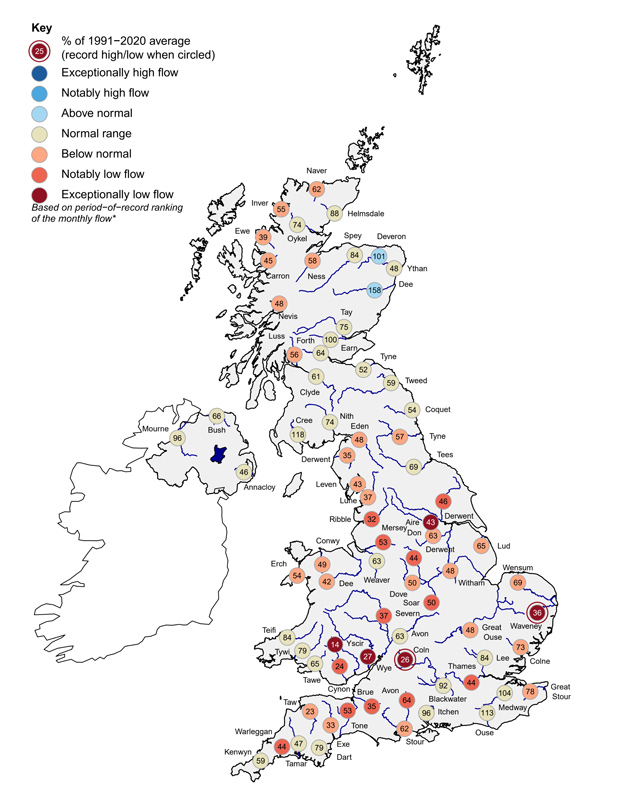 Map of UK showing average September river flows