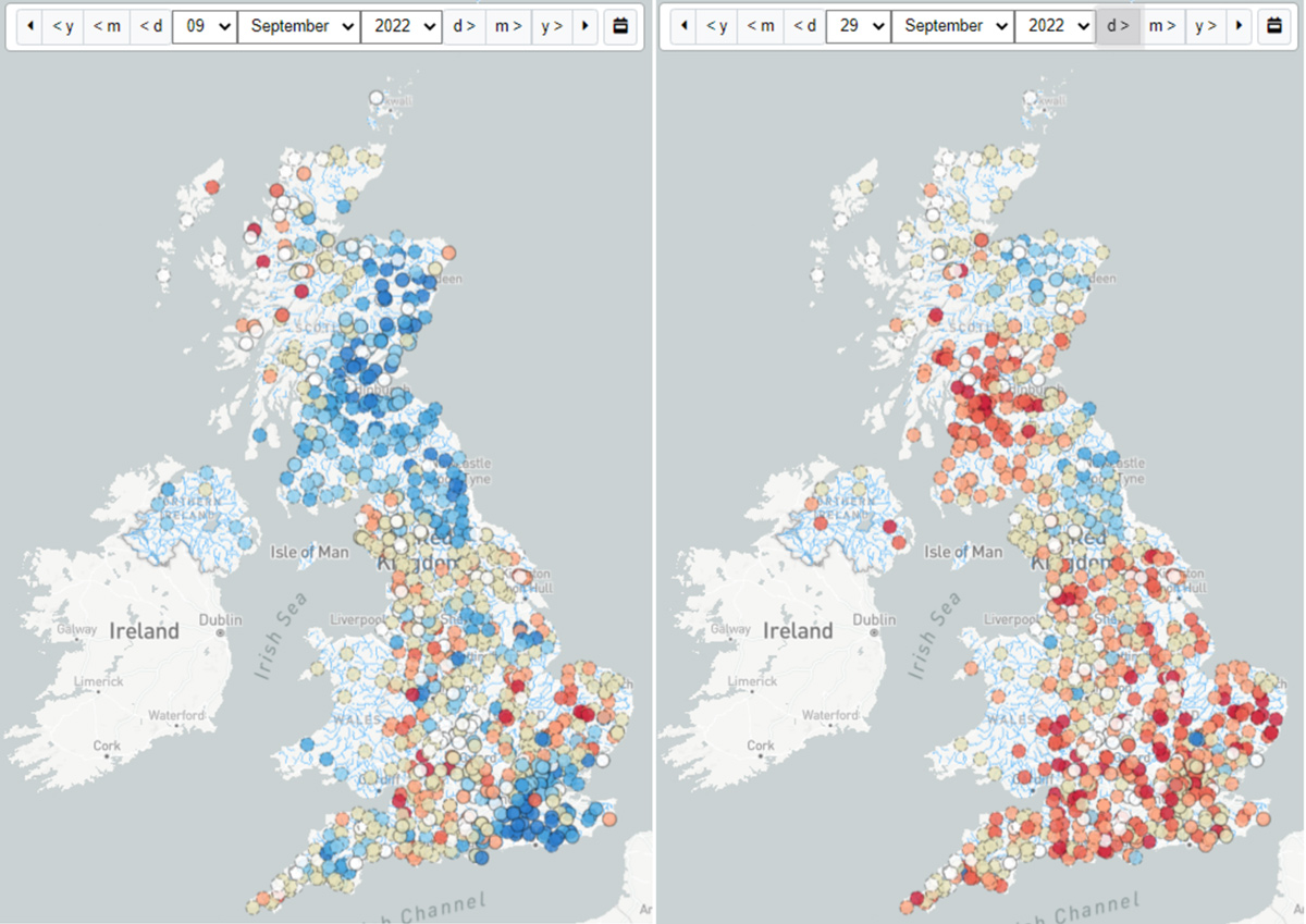 Two maps of UK with river flow data on 8 September 2022 and 29 September