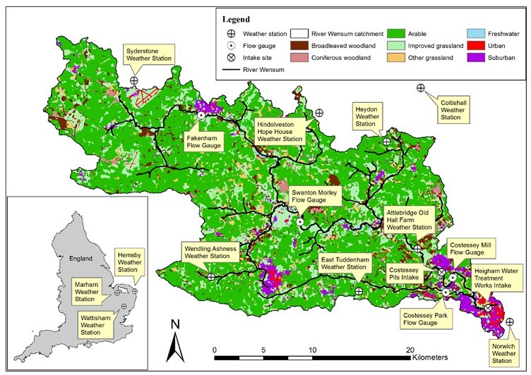 River Wensum catchment showing location of Costessey Pits intake