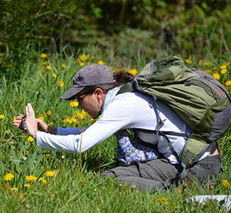 Claire Carvell surveying in Patagonia. Photo by Eduardo Zattara Woman taking a picture with a mobile phone