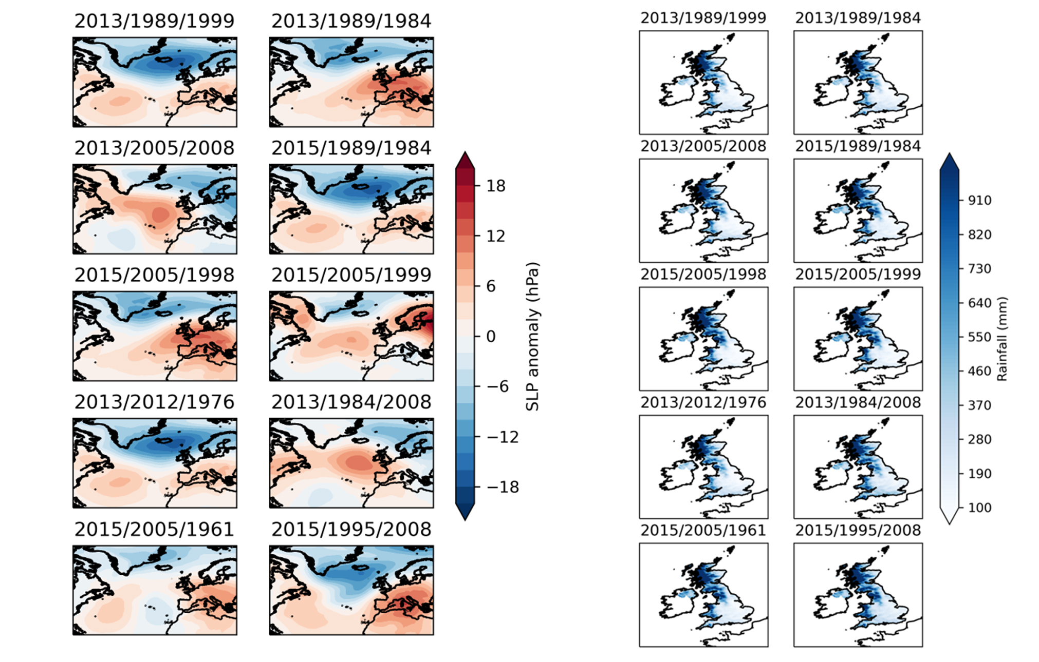 10 maps of mean sea level pressure anomalies and 10 maps of rainfall