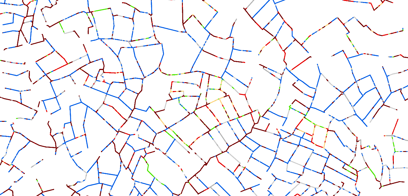 4 x 2km sample of data from Land Cover Plus Hedgerows, showing woody boundaries of land parcels/fields colour-coded by height class (blue or green for shorter hedges and red for taller tree lines)