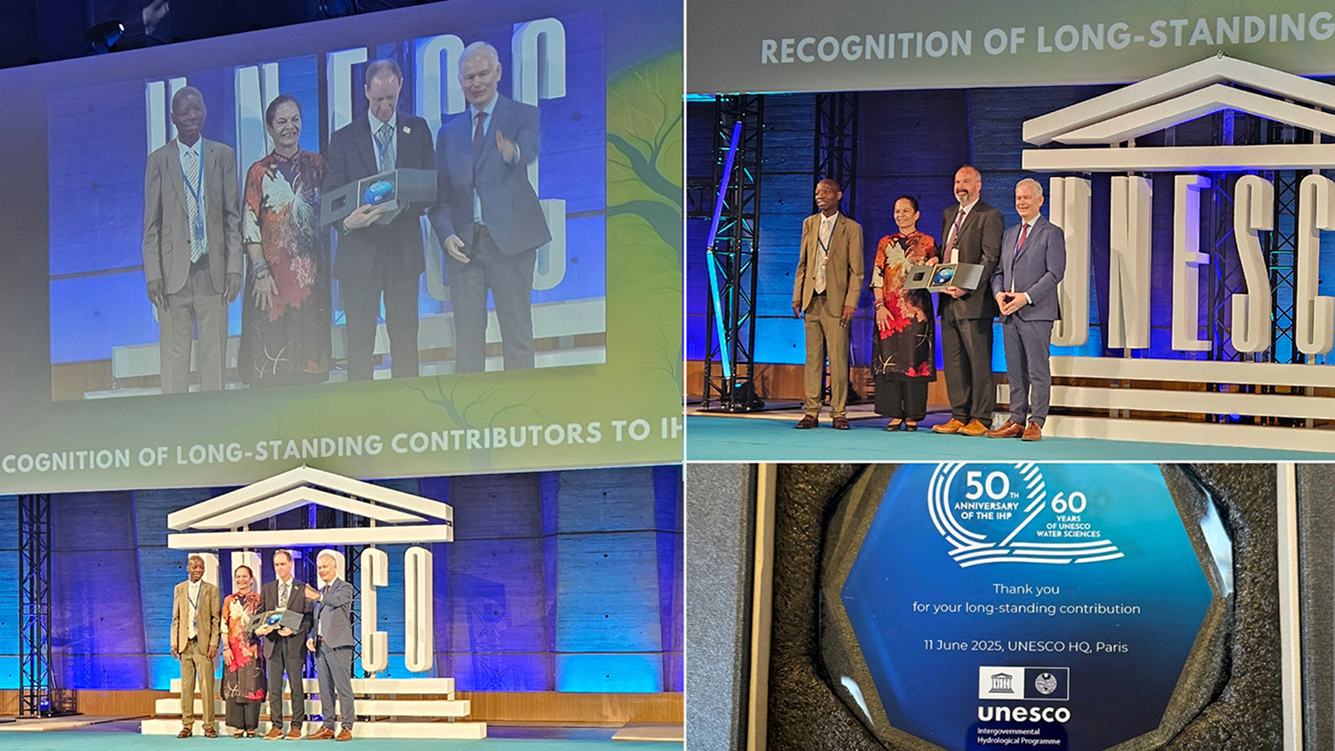 Three photos, two of recipients with an award, and one of the award