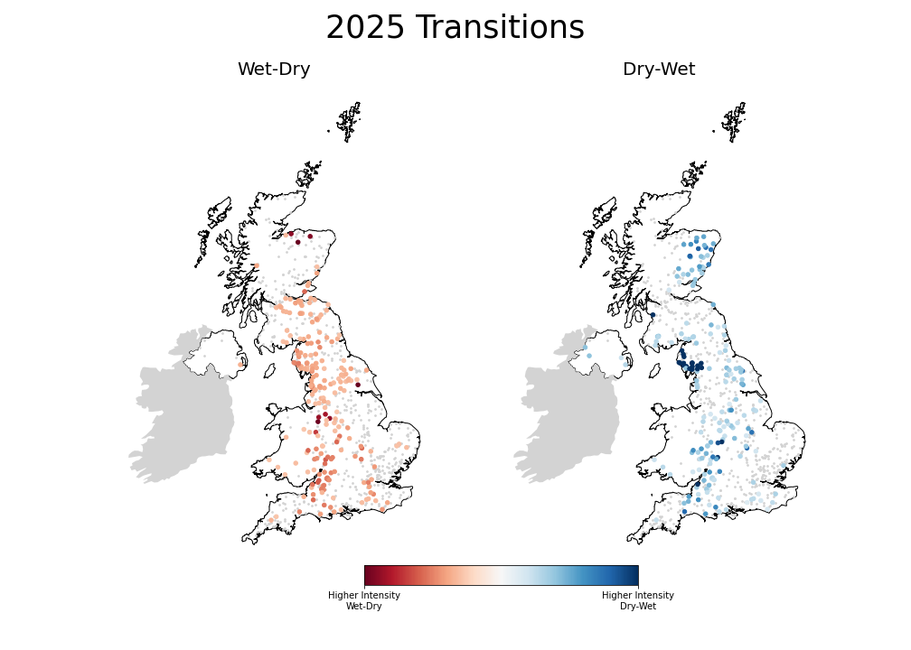 Map showing intensity of weather whiplash in 2025. Map showing intensity of weather whiplash in 2025.