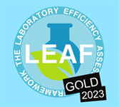 Logo saying LEAF The Laboratory Efficiency Assessment Framework and illustration of a green leaf and a laboratory bottle 