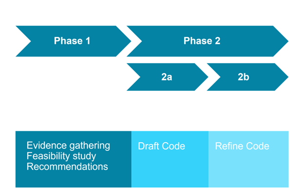 Project timeline. Phase 1 is evidence gathering, feasibility study and recommendations. Phase 2 includes 2a Drafting the code and 2b Refining the code