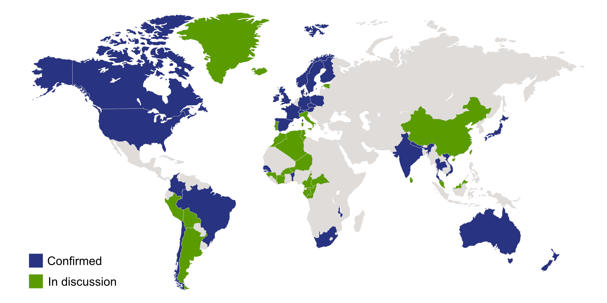 Map of the world with ROBIN's partners coloured in (see listing below)