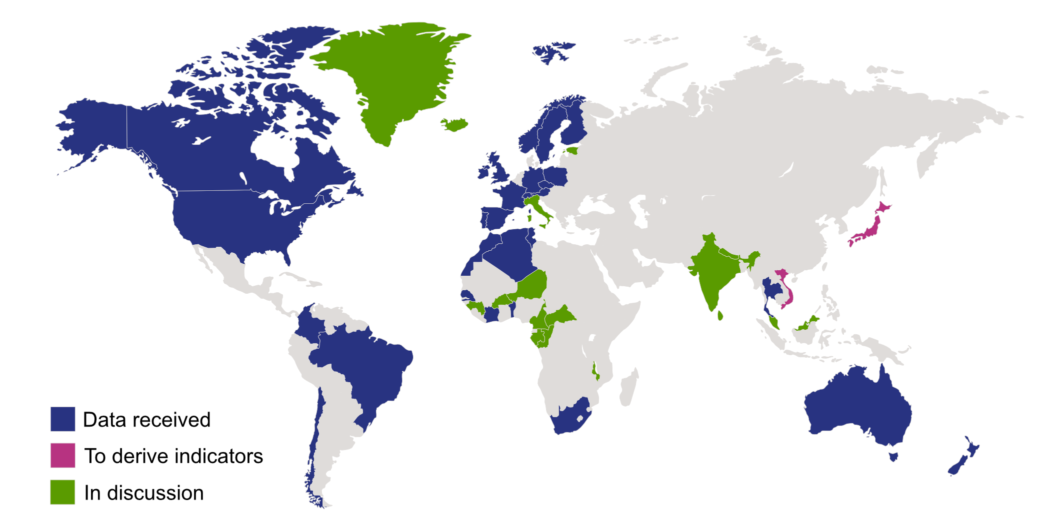 Map of the world with ROBIN's partners coloured in (see listing below)