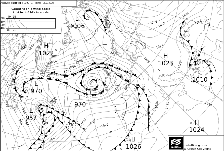 Surface pressure map of North Atlantic and western Europe