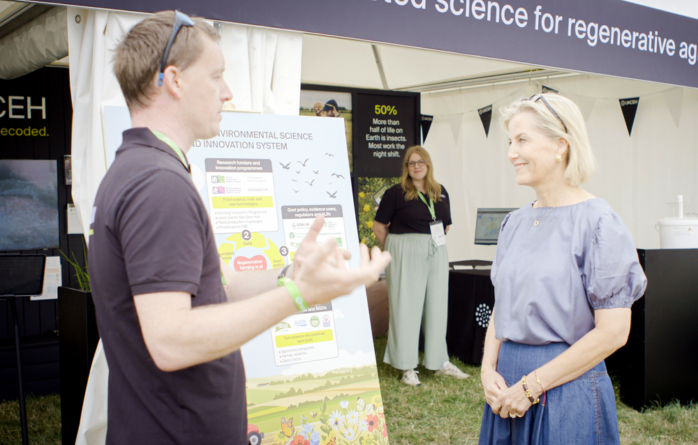 Dr John Redhead (left) speaks to HRH The Duchess of Edinburgh at the UKCEH stand at Groundswell