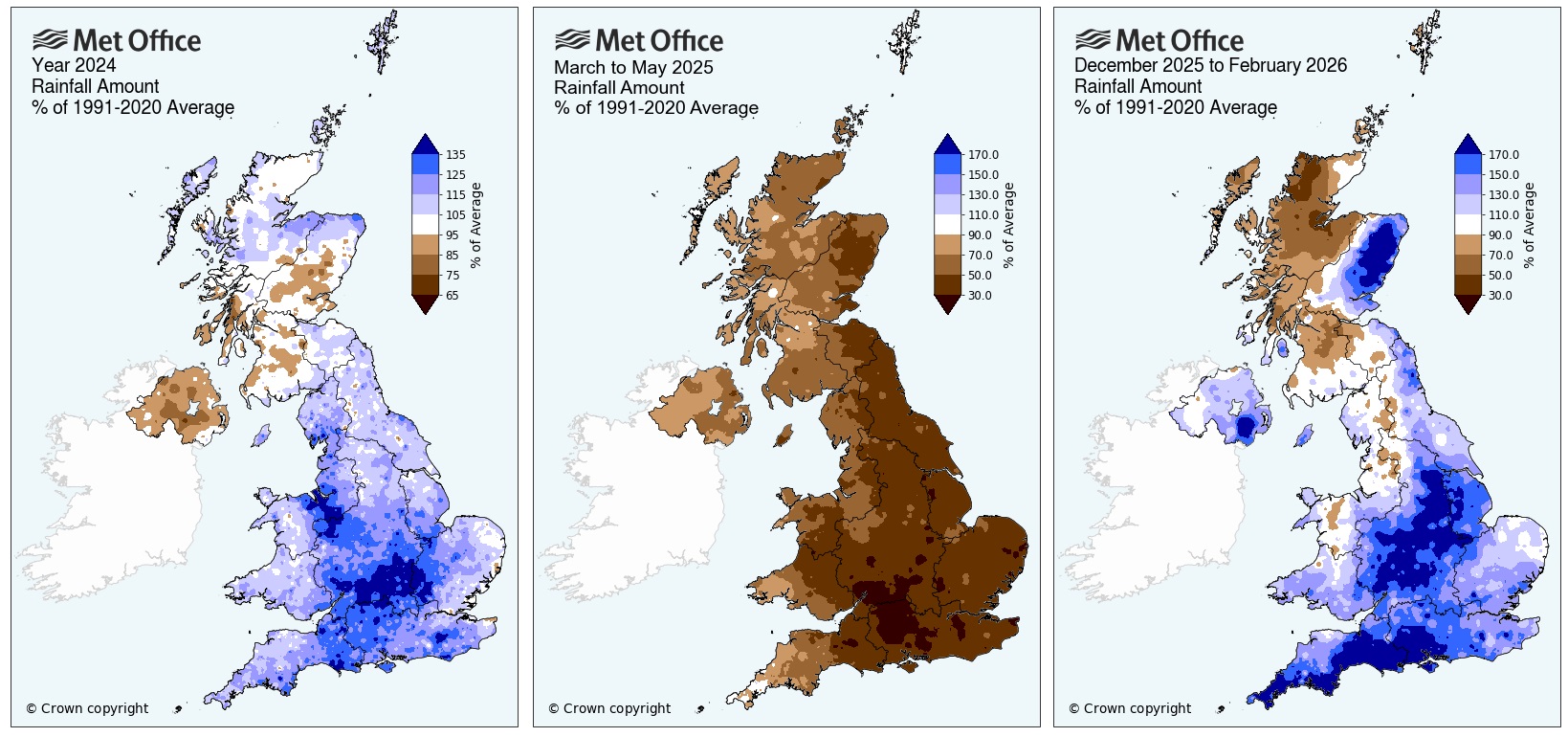 UK rainfall anomalies 2024 to February 2026