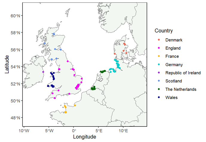 Map of northern Europe with dots showing location of study sites