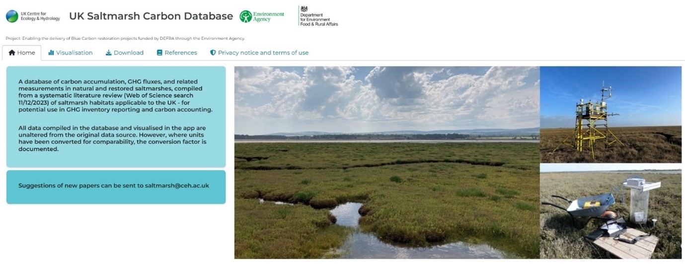 Screengrab from UK Saltmarsh Carbon Database with three images from sites