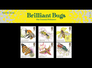 The six stamps in the Brilliant Bugs set Images of 6 stamps featuring illustrations of insects