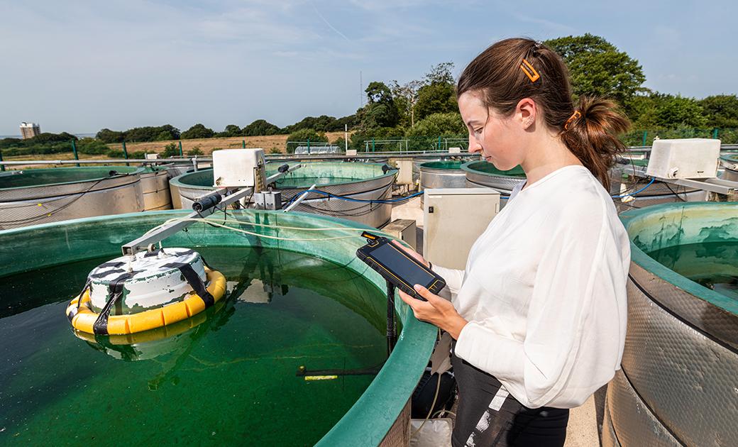 Theresa Vökl working at the UKCEH Aquatic Mesocosm Facility in Lancaster