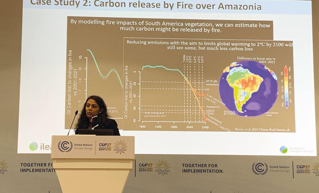Dr Semeena Shamsudheen, a land-atmosphere scientist at UKCEH, presented work on wildfires at a side event of COP27 in Sharm El Sheikh, Egypt.