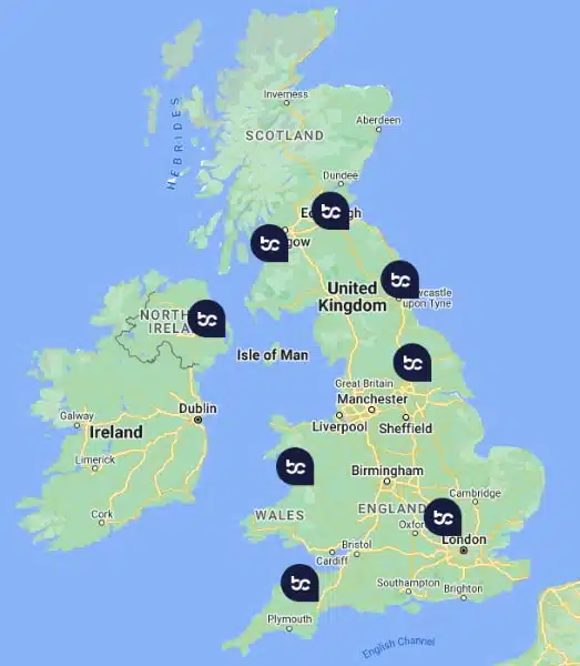 Map with pins show locations of Biomass Connect's Hub Sites