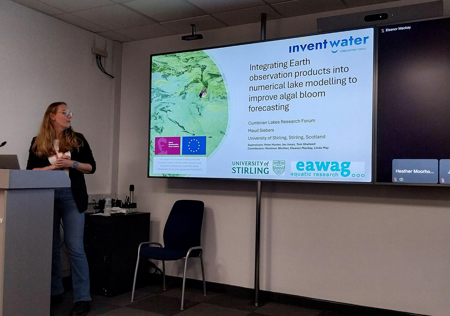 Maud Siebers at the lectern presenting to the Cumbrian Lakes Research Forum 2024