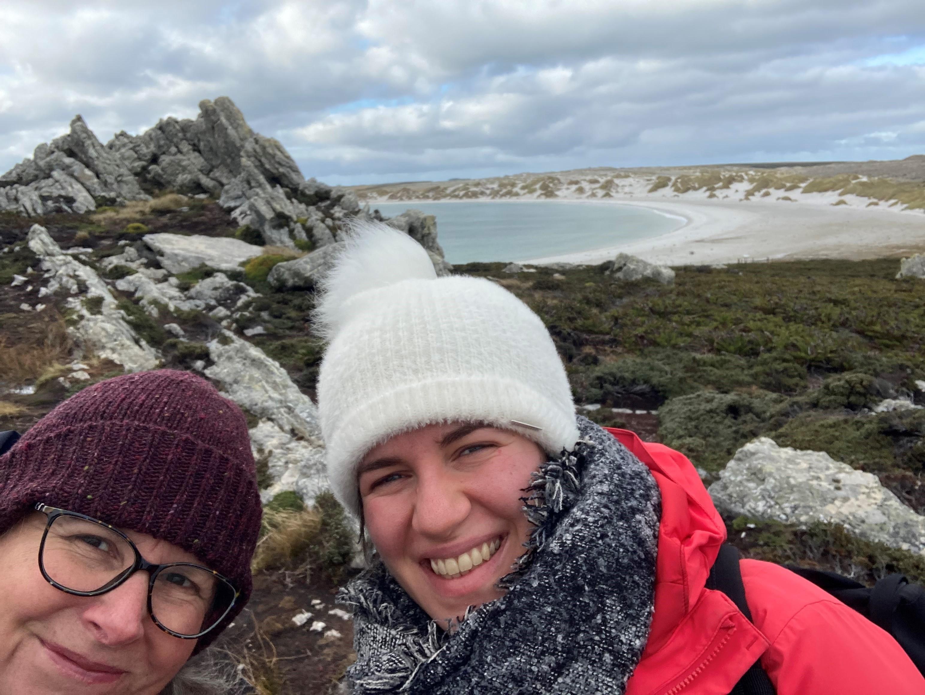 Ecologists Helen Roy and Emily Williams on the Falklands.