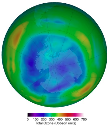 Hole in ozone layer above Antarctica   Image: NASA OzoneWatch