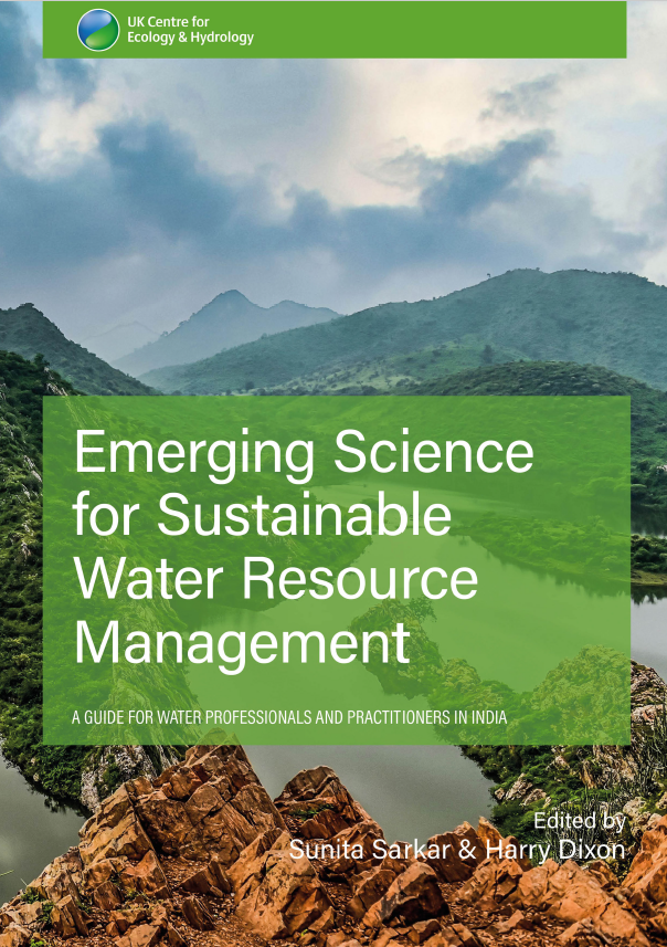 Book title of Emerging science for sustainable water resource management over a photo of a forested hilly area and water 