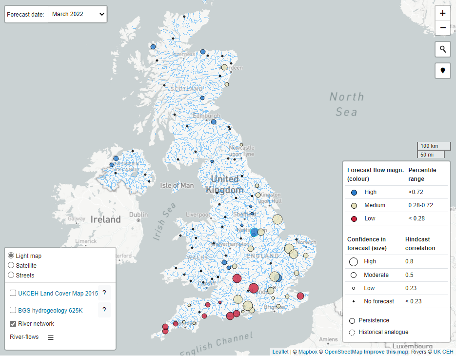 Screengrab from Hydrological Outlook portal showing of UK map showing river network