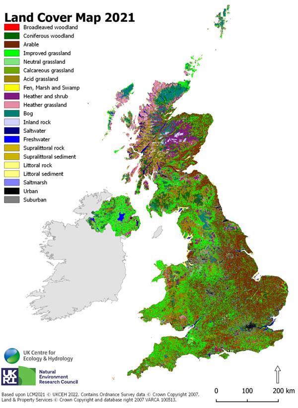 Land Cover Map of UK 2021 with key to land cover classes