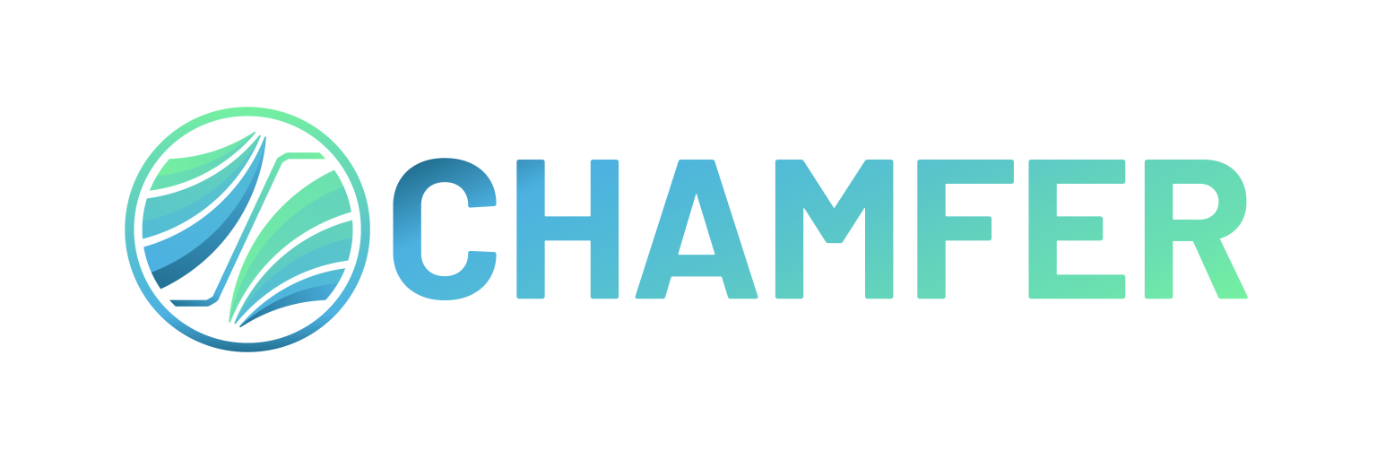 Beside the test "CHAMFER", is a circular icon containing two opposing waves in the colours teal and blue