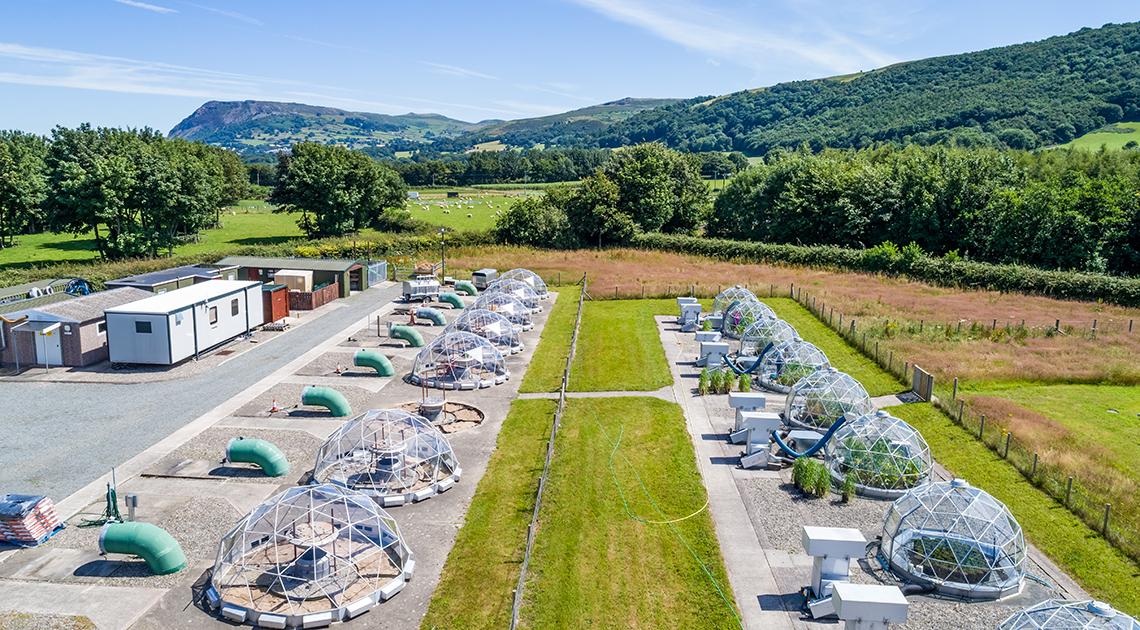 Drone view of the solardomes facility at Aber in north Wales