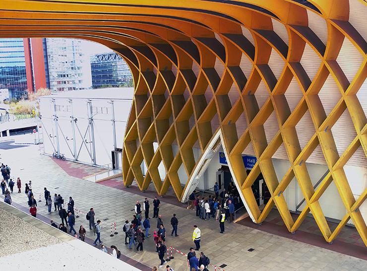 People outside the Austria Center Vienna Conference during the EGU Assembly in 2018