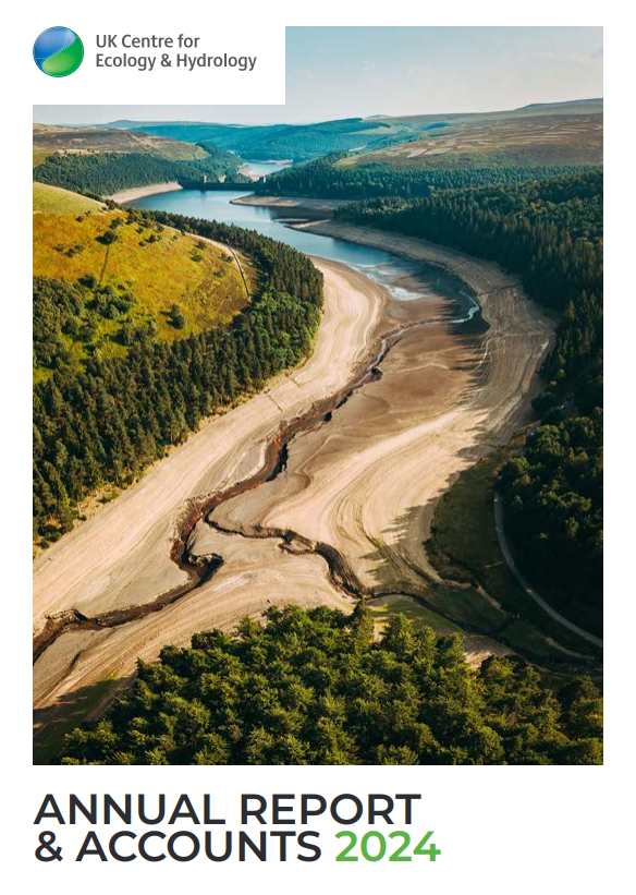 Front cover of UKCEH Annual Report & Accounts 2024 shows a river with dry banks