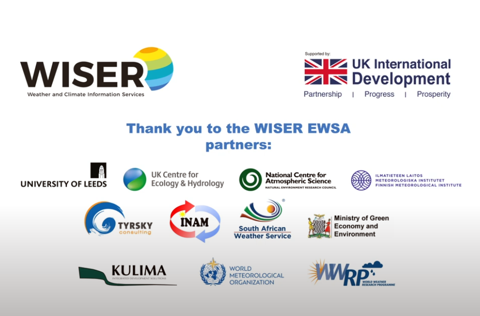 Logos of partners and funders involved in the WISER Early Warnings for Southern Africa project