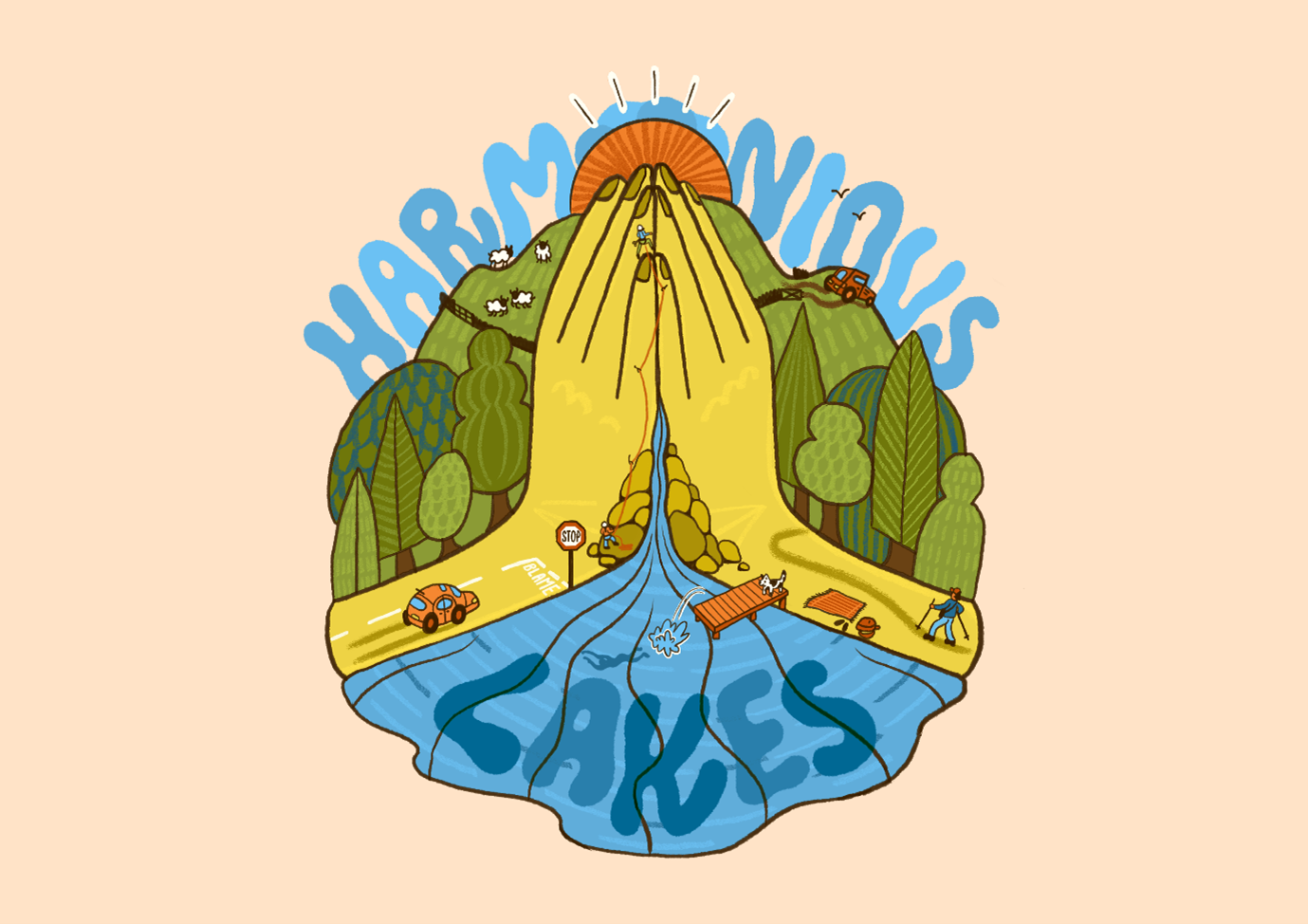 Illustration showing a lake and people using the environment around it with the words Harmonious Lakes