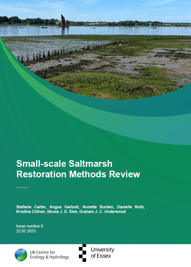 Cover of report called Small-scale Saltmarsh Restoration Review with image of saltmarsh area