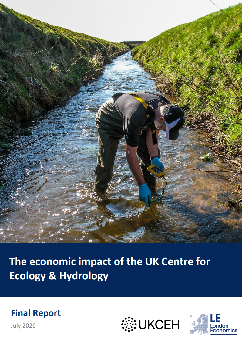 Report cover entitled The economic impact of the UK Centre for Ecology & Hydrology featuring an image of a hydrologist stands in stream with device